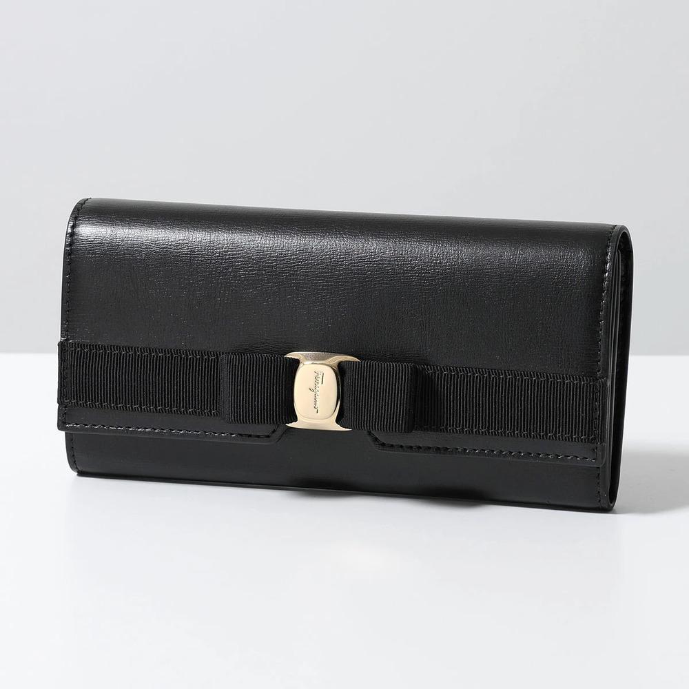 Salvatore Ferragamo VARA Long fold Leather Ribbon Wallet Bi Black